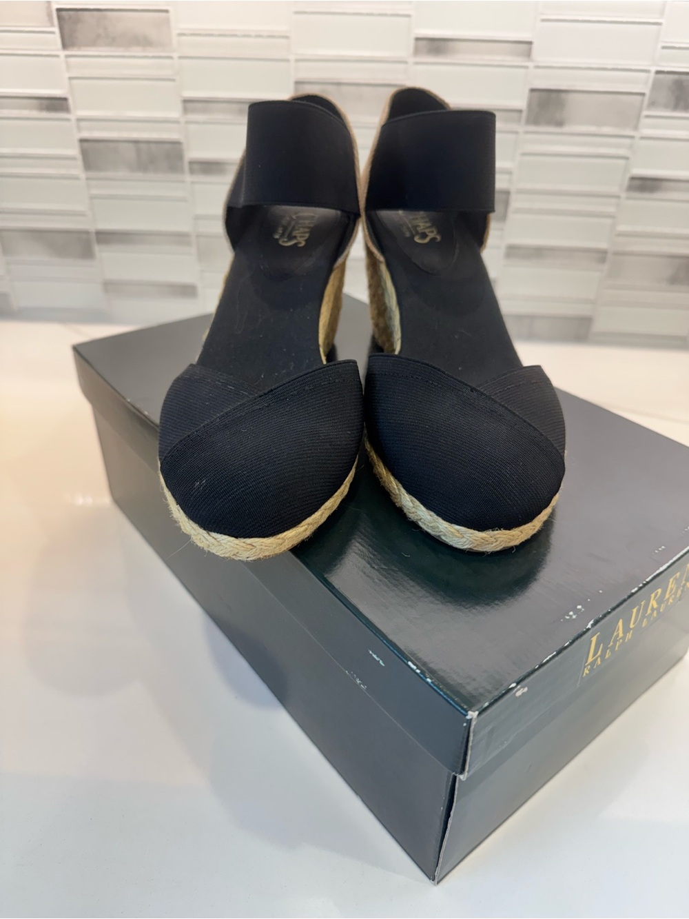 Lauren Ralph Lauren Black Espadrille Wedge Sandals with Ankle Band